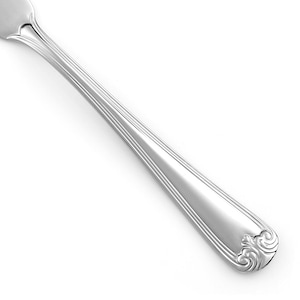 May include: A silver-toned metal spoon handle featuring a polished finish, three parallel vertical lines running along the length of the stem, and a decorative scrollwork pattern at the rounded end of the handle, captured in a high-angle view.