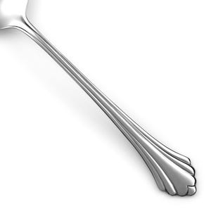 May include: A polished silver-toned metal spoon handle featuring a slender, elongated stem with a series of vertical grooves running along its length, terminating in a flared, scalloped base with a distinct shell-like decorative pattern.
