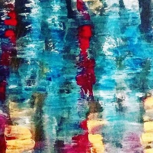 May include: Abstract painting with a textured appearance. The artwork features a blend of colors, including shades of blue, red, yellow, and purple. The brushstrokes create a sense of depth and movement, with a focus on vertical lines.