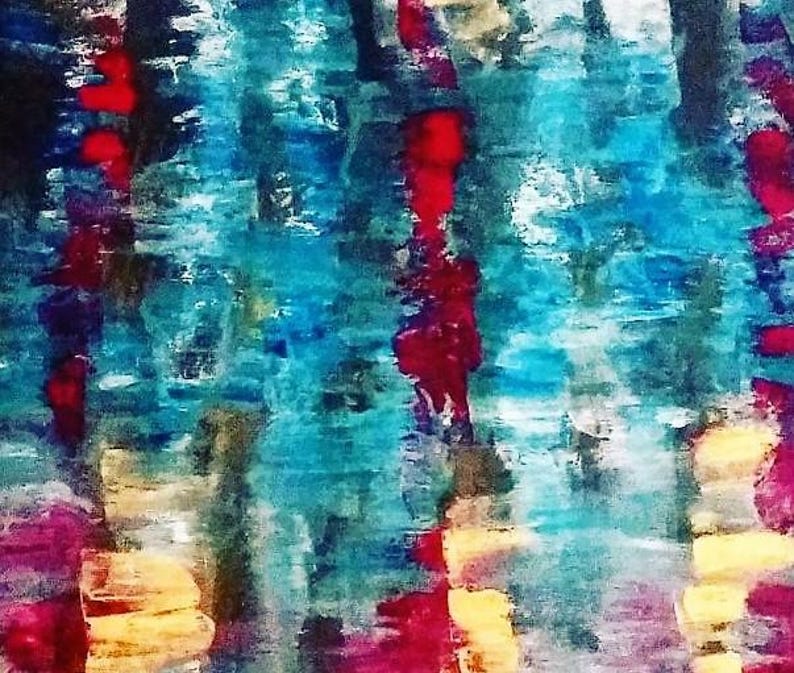 May include: Abstract painting with a textured appearance. The artwork features a blend of colors, including shades of blue, red, yellow, and purple. The brushstrokes create a sense of depth and movement, with a focus on vertical lines.