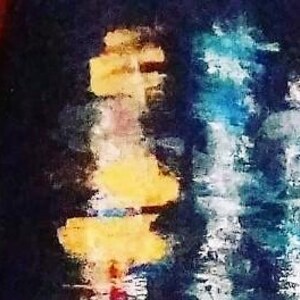 May include: Abstract art piece with a dark background and splashes of yellow, blue, and white. The artwork has a textured, painted appearance, with the colors blending and overlapping to create a dynamic composition.