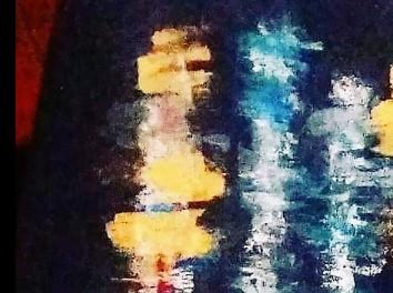 May include: Abstract art piece with a dark background and splashes of yellow, blue, and white. The artwork has a textured, painted appearance, with the colors blending and overlapping to create a dynamic composition.