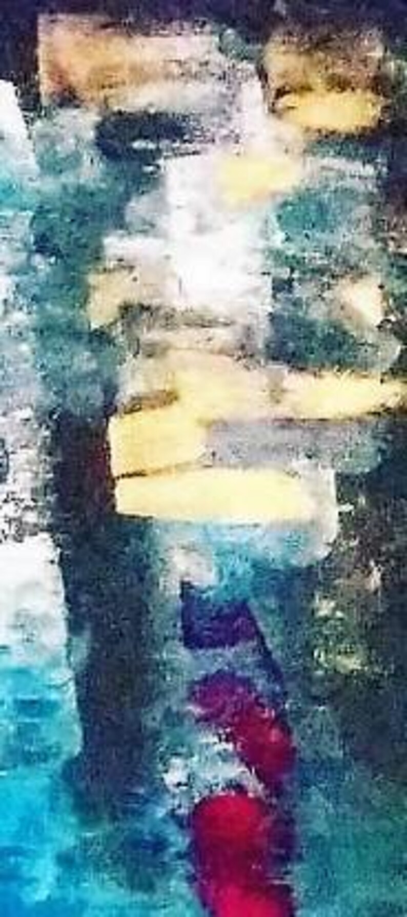 May include: Abstract art piece with a vertical orientation. The artwork features a blend of colors, including blues, yellows, and reds. The brushstrokes create a textured effect, with a mix of light and dark shades. The overall style is reminiscent of expressionism.