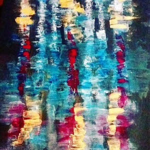 May include: Abstract painting with a dark background and vertical strokes of blue, yellow, red, and white. The artwork has a textured appearance, with visible brushstrokes creating a sense of depth and movement. The colors blend and overlap, creating a dynamic visual effect.