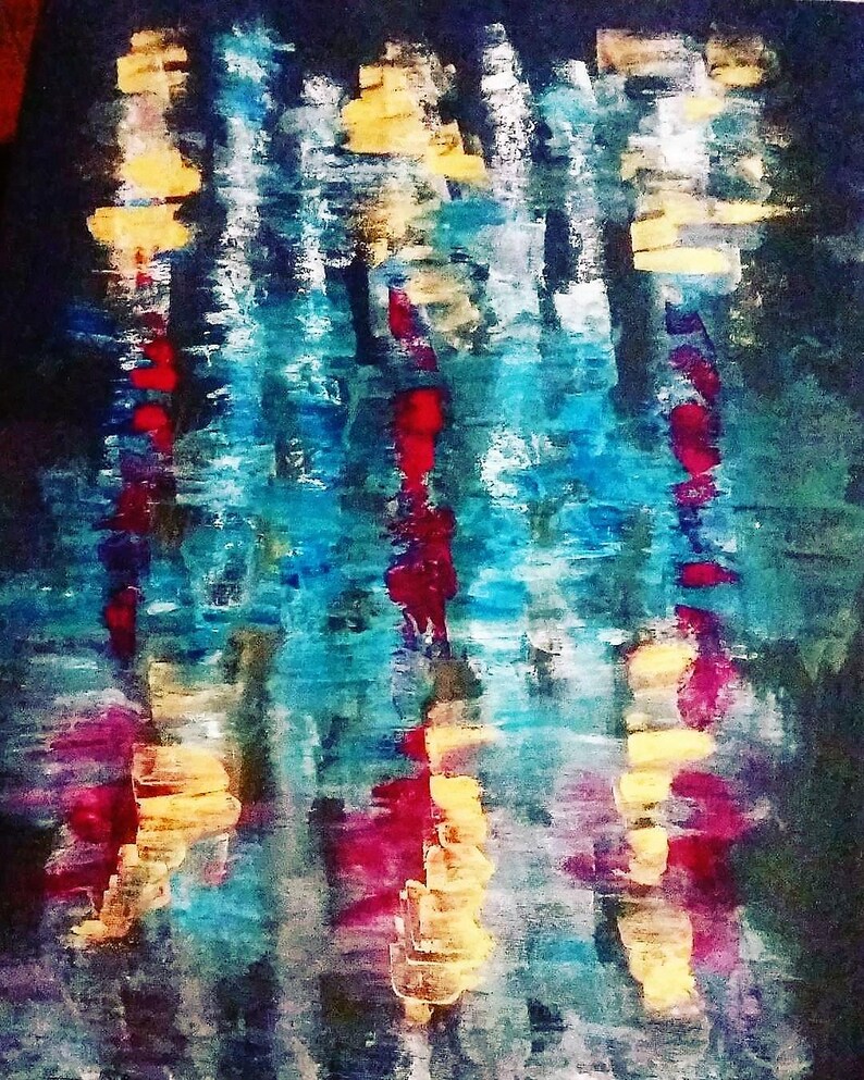 May include: Abstract painting with a dark background and vertical strokes of blue, yellow, red, and white. The artwork has a textured appearance, with visible brushstrokes creating a sense of depth and movement. The colors blend and overlap, creating a dynamic visual effect.