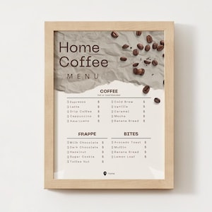 Cardápio de cafeteria para impressão | Arte de parede para cozinha neutra | Decoração digital para estação de café | Pôster com impressão digital