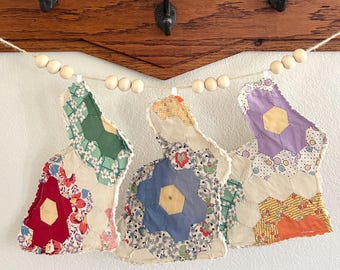 Vintage Quilted Bunny Garland, Easter Flower Garden Banner, Farmhouse Decor