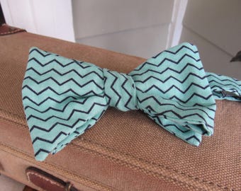 Aqua bow tie with navy stripes, Spring Summer Self tie adjustable clip bow tie, Graduation gift, Man teacher's gift, Father's Day gift
