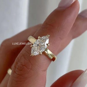 4ct Marquise Cut Moissanite Engagement Ring | 14K Solid Gold Thick Band | Classic Six Prong Solitaire Wedding Ring | Timeless Bridal Jewelry