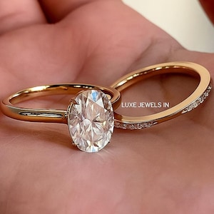 Oval Cut Moissanite Engagement Ring Set in 14K Solid Gold Solitaire with Hidden Halo and Unique Wedding Bridal Band Anniversary Gift for Her