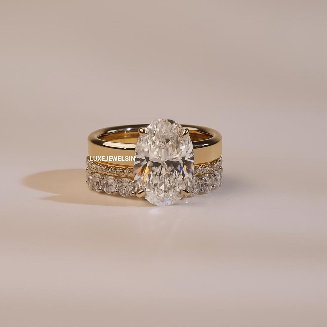 2 CT Oval Cut Moissanite Bridal Ring 18K Solid Yellow Gold Band Three ...
