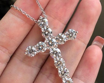 Diamond Cross Necklace, 14K White Gold Pendant, Round Brilliant Cut Diamond Cross, Dainty Religious Charm, Elegant Jewelry Gift for Her