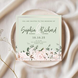 Modèle sur toile de faire-part de mariage floral | Téléchargement instantané | Carte de mariage modifiable vert sauge et rose poudré