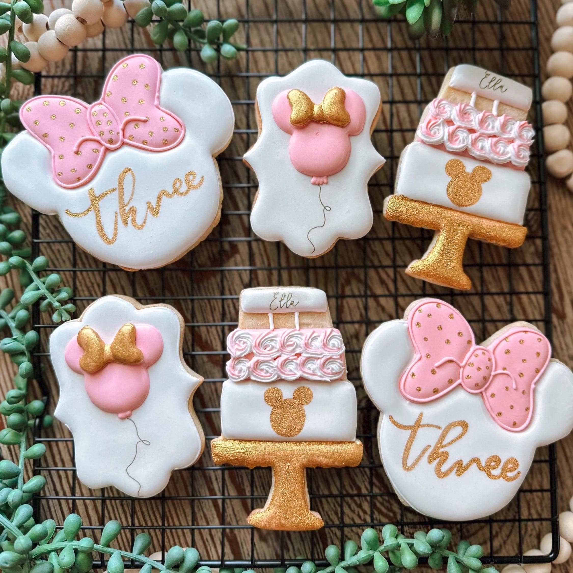 Pink and Gold Mouse Ear Sugar Cookies, Girl Birthday Cookies, Bow and…