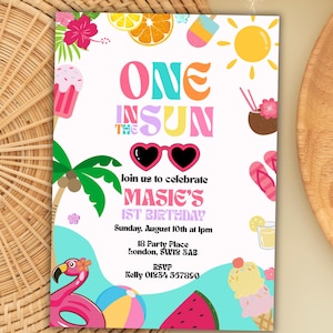 One in the Sun First Birthday Invitation – Summer Theme 1st Birthday Party Invite – Editable Canva Template – Instant Download – Girl or Boy