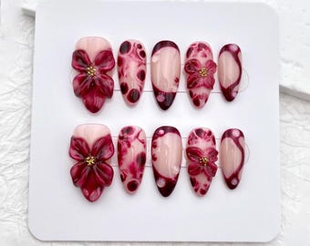 Uñas postizas 3D con diseño floral burdeos y punta francesa / Uñas postizas hechas a mano con forma de almendra / Set de uñas decorativas florales con pegamento.