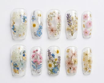 May include: Ten clear acrylic nails, each decorated with dried flowers and tiny pearls. The floral designs incorporate white, blue, pink, and yellow hues, with gold leaf details. The nails are presented on a white background, showcasing the intricate floral art.