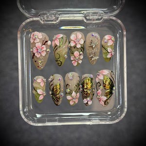 Spring Green Butterfly Press On Nails | 3D Swirl Long Stiletto Nails | Handmade Floral Fake Nails | Luxury Aesthetic Gift for Her