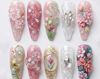 3D Floral Fairycore Drücken Sie auf die Nägel | Verträumte Tulpen-Muschel-Fake-Nägel | Vintage Gold Spiegel Nägel | Handgemachtes romantisches ästhetisches Geschenk