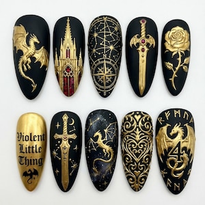 Fourth Wing Gothic Fantasy Dragon Press On Nails, Black Gold Medieval Sword Almond Acrylic Set