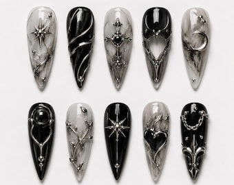 Gothic Black White Press On Nails | Silver Chrome Cross Star Art | Long Stiletto Marble Gel Nails | Y2K Grunge Aesthetic Fake Nails
