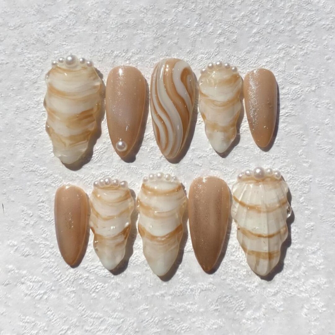 Custom Nail Shell Pearl Shell Press on Nails | Custom Almond Fake Nail Set | Trendy Ocean ...