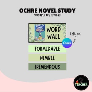 Puede incluir: Una exhibición de vocabulario para un estudio de novela, con el libro "Matilda" de Roald Dahl. La exhibición incluye las palabras "Word Wall", "Formidable", "Nimble" y "Tremendous". El logotipo de Canva y un logotipo de profesor también están presentes.