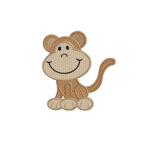 May include: A smiling cartoon monkey in shades of tan and brown, with a stitched design. The monkey has a large, friendly face, small ears, and a curved tail. The design is likely for embroidery or applique.