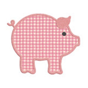 May include: Pink gingham pig applique with a curled tail, black eyes, and a pink ear.