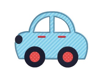 May include: An embroidered patch shaped like a light blue car with a diagonal striped pattern. The car features two dark blue wheels with red polka-dot centers, a dark blue headlight, and two small red horizontal lines representing door handles.