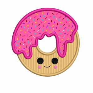 Könnte beinhalten: Ein lächelnder Donut mit rosa Zuckerguss und bunten Streuseln. Der Donut hat eine hellbraune Basis mit vertikalen Linien und einen rosa Umriss. Der Zuckerguss tropft an den Seiten herunter, und der Donut hat schwarze Augen und rosa Wangen.