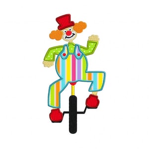 May include: A colorful embroidered clown riding a unicycle. The clown wears a red top hat, orange hair, and a red nose. The clown's outfit includes a green polka-dot shirt, striped overalls, and red shoes. The unicycle is black.