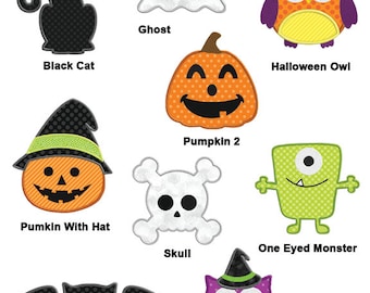 May include: Nine Halloween-themed felt applique designs, including a black cat, ghost, pumpkin, owl, skull, monster, and bat.