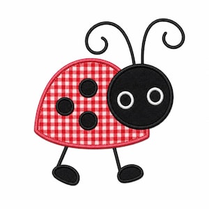 May include: A whimsical ladybug design with a red and white gingham pattern on its back. The ladybug has a black head with white eyes, black spots, and black antennae. The ladybug is walking on black legs.