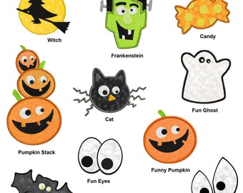 May include: Set of 10 Halloween-themed iron-on patches featuring a witch, Frankenstein, a pumpkin stack, a bat, candy, a ghost, a cat, a funny pumpkin, fun eyes, and scary eyes.