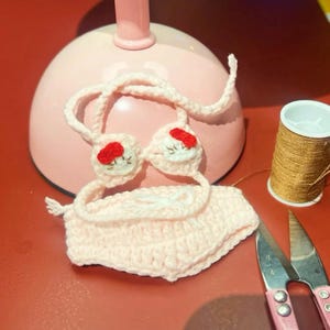 Puede incluir: Conjunto de bikini de ganchillo rosa claro hecho a mano. La parte superior presenta detalles de flores rojas y la parte inferior es rosa claro a juego. Tambi&eacute;n se ven un carrete de hilo dorado y unas tijeras con mango rosa.