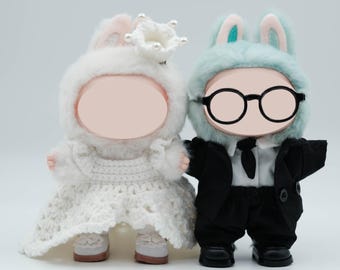 Handmade Knitted Wedding Dress Set for 17cm LBB Dolls: Pearl Hat & Suit (No Doll)