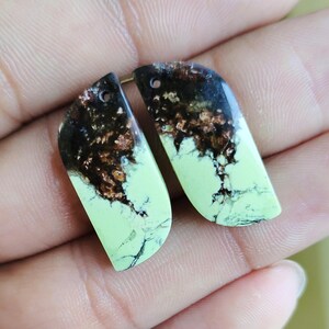 May include: Two handcrafted earrings with a unique design. The top portion is dark brown and black, transitioning to a light green base. The earrings have a hole at the top for hanging. The earrings are made of a stone material.