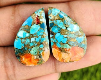 Natural Oyster Copper Turquoise Smooth Cabochon Fancy Shape Matching Pair Gemstones ( Free Drilling Available )