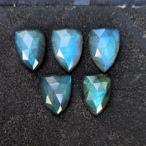 Puede incluir: Cinco piedras preciosas de labradorita facetadas en forma de escudo. Las piedras muestran colores iridiscentes azules y verdes. Están dispuestas sobre una superficie oscura y texturizada.