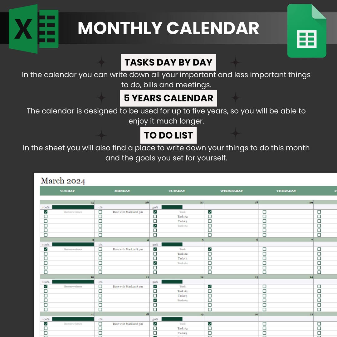 Monthly Calendar Planner Excel and Google Sheets – Undated Digital