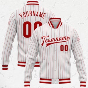 Custom Red Pinstripe Varsity Jacket – Personalized Name & Number Baseball Coat