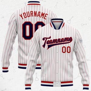Custom Red Pinstripe Baseball Jacket – Personalized Name & Number Varsity Gift