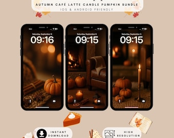 4 Cozy Autumn Phone Wallpapers: Fall Café Latte Pumpkin Bundle Designs (Digital Download)