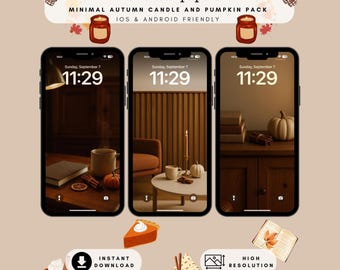 Cozy Fall Phone Wallpapers: Pumpkin & Candle iPhone Android Backgrounds (Digital Download)