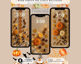Fall & Halloween Phone Wallpapers – Cozy Pumpkins, Candles, Warm Aesthetic | iPhone and Android | Digital Download