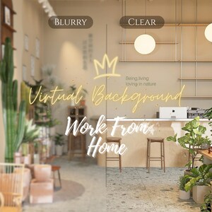 Könnte beinhalten: Virtueller Hintergrund mit modernem, minimalistischem Interieur. Die Szene zeigt eine Theke, Hocker und Regale, mit Pflanzen und dem Text "Virtual Background Work From Home".