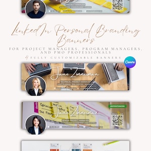 May include: A collection of LinkedIn personal branding banners for project managers and PMO professionals. The banners feature headshots, job titles, and contact information. The text includes "#OPENTOWORK" and "Canva" branding.