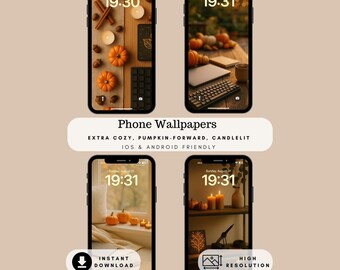 Cozy Autumn Phone Wallpapers | 4 Pack Minimal Fall Aesthetic | Halloween and Pumpkin Phone Backgrounds | Digital Download PNG