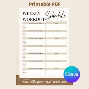 Könnte beinhalten: Ein druckbarer PDF-Wochen-Trainingsplan mit Abschnitten für jeden Wochentag. Der Plan enthält Bereiche für Kraft, Cardio, Flex, Core-Übungen und Notizen. Das Canva-Logo ist sichtbar.